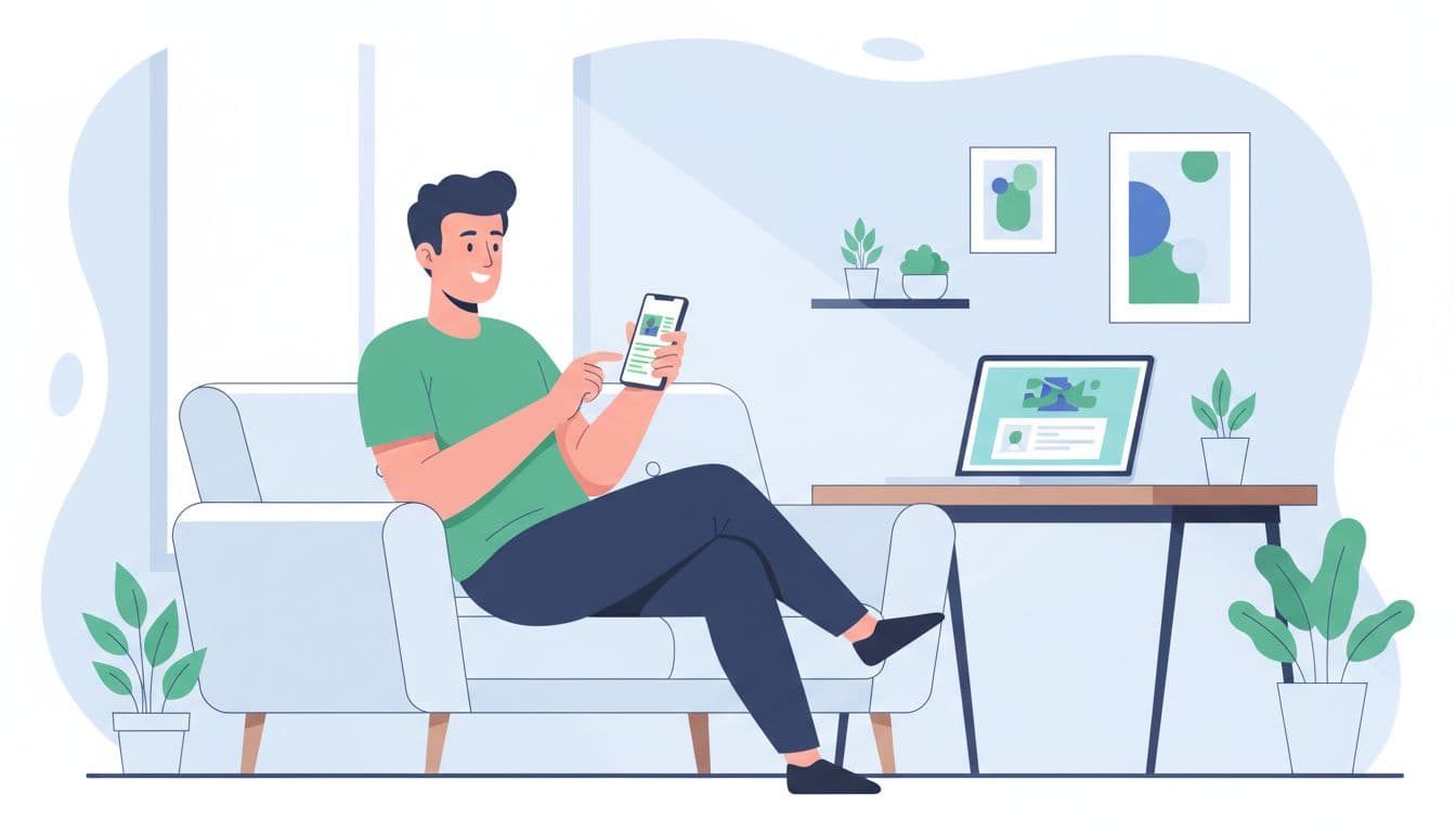 A founder in a bright home office reviews a verified email list from Hunter.io on his phone while viewing the email export on his laptop nearby. Modern illustration in blue and green palette showing satisfaction with prospecting results.