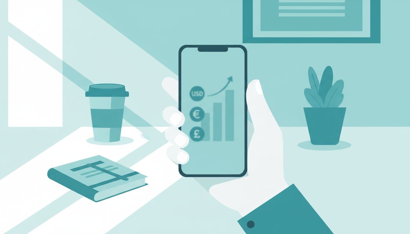 Modern blue-green illustration of a relaxed freelancer hand holding a smartphone displaying a blurred multi-currency account balance screen with stacking USD, EUR, GBP icons on a simple desk with natural light.