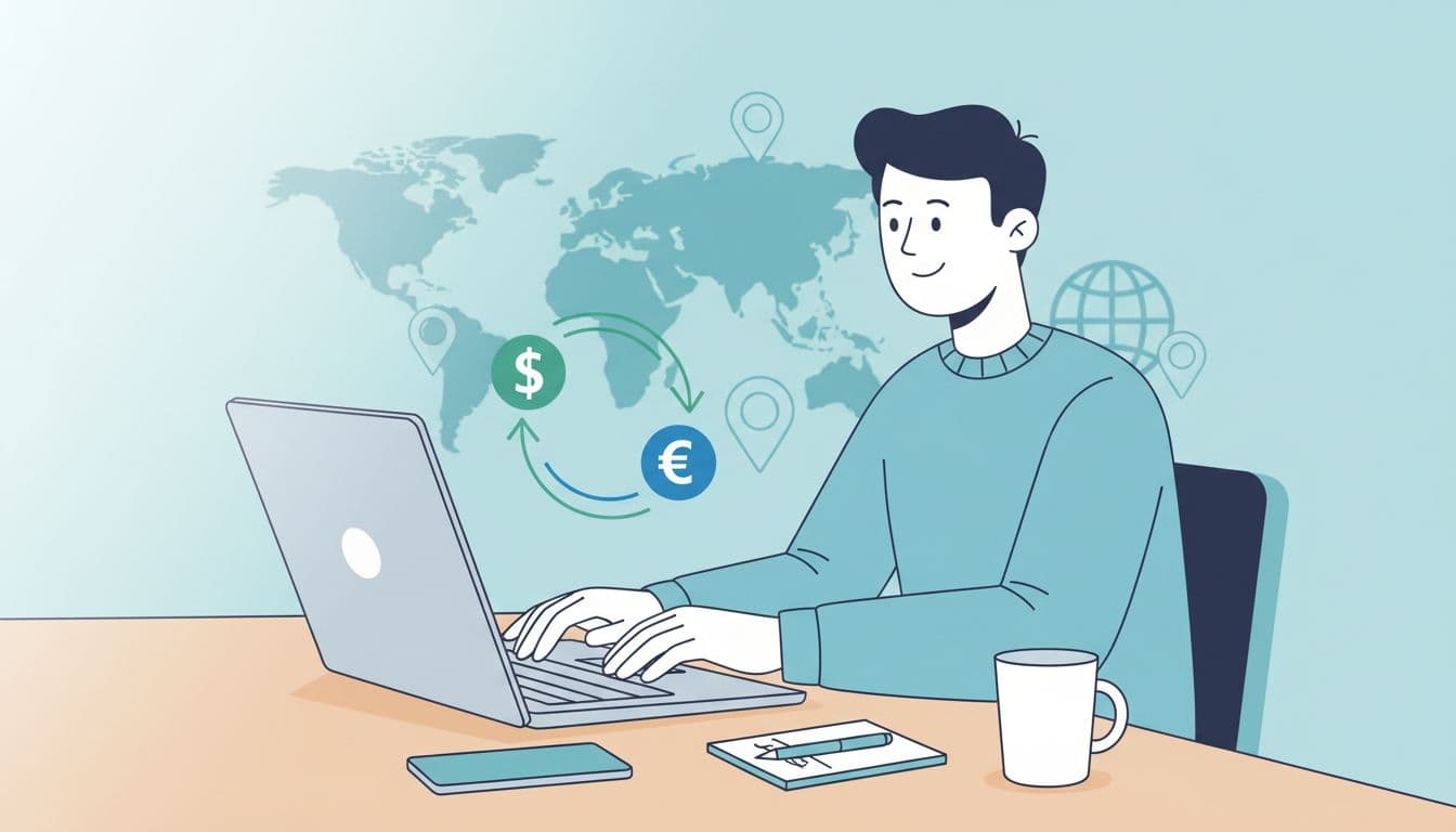 Modern illustration in blue-green palette showing a happy freelancer on a laptop sending USD to EUR payment to an overseas contractor, with a desk featuring phone and notes, world icons in background, natural lighting.
