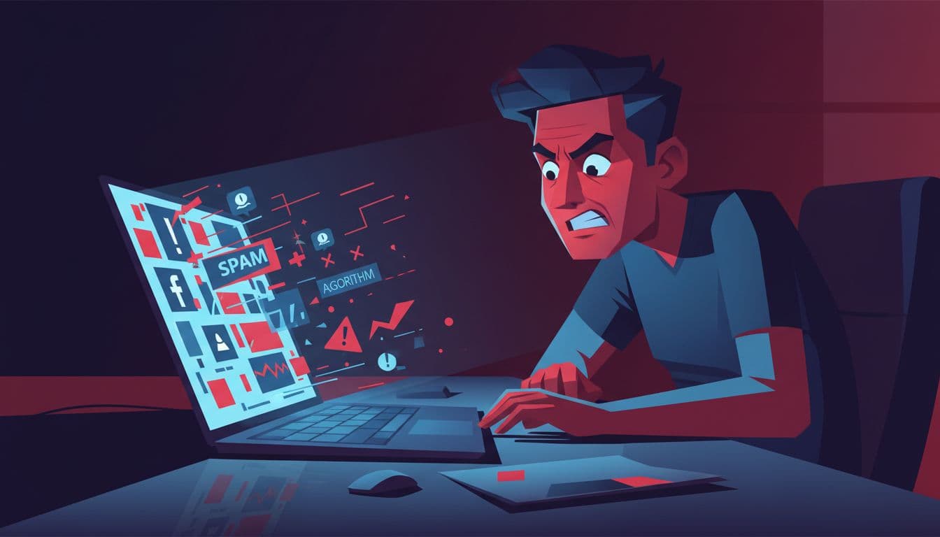 A stressed creator sits at a modern desk, staring intensely at a laptop displaying a chaotic Facebook Group feed filled with spam, notifications, and algorithm warnings, in dim red-toned lighting.