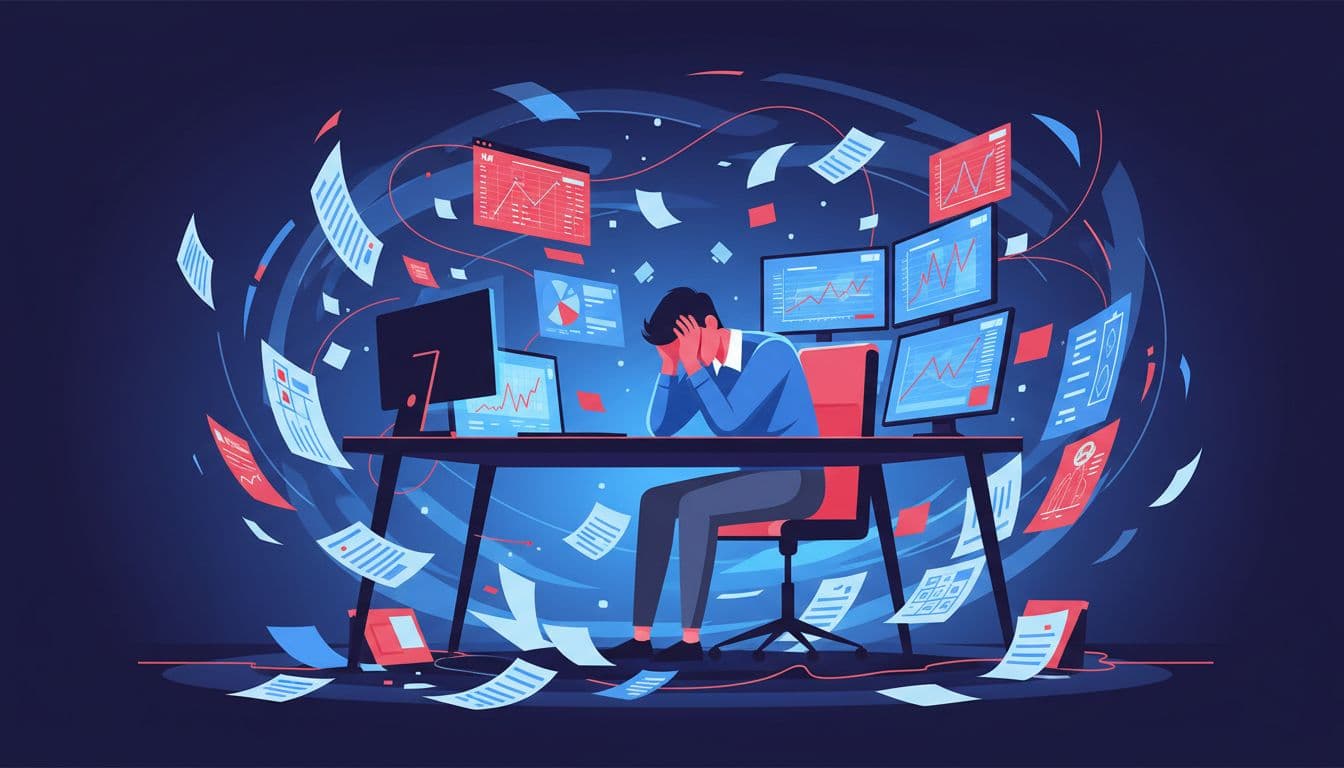 A frustrated SaaS finance manager with head in hands at a desk, surrounded by tangled spreadsheets, scattered invoices, and fluctuating revenue charts on multiple screens in a dimly lit office. Chaotic modern illustration with flying papers, blue-red palette, strong shadows, exactly one person.