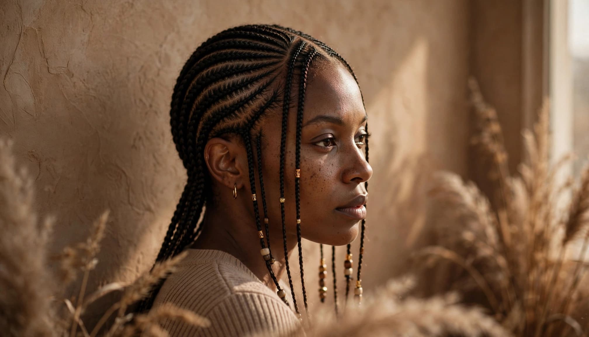 A model with slim cornrows, a center part, and fine face-framing braids.