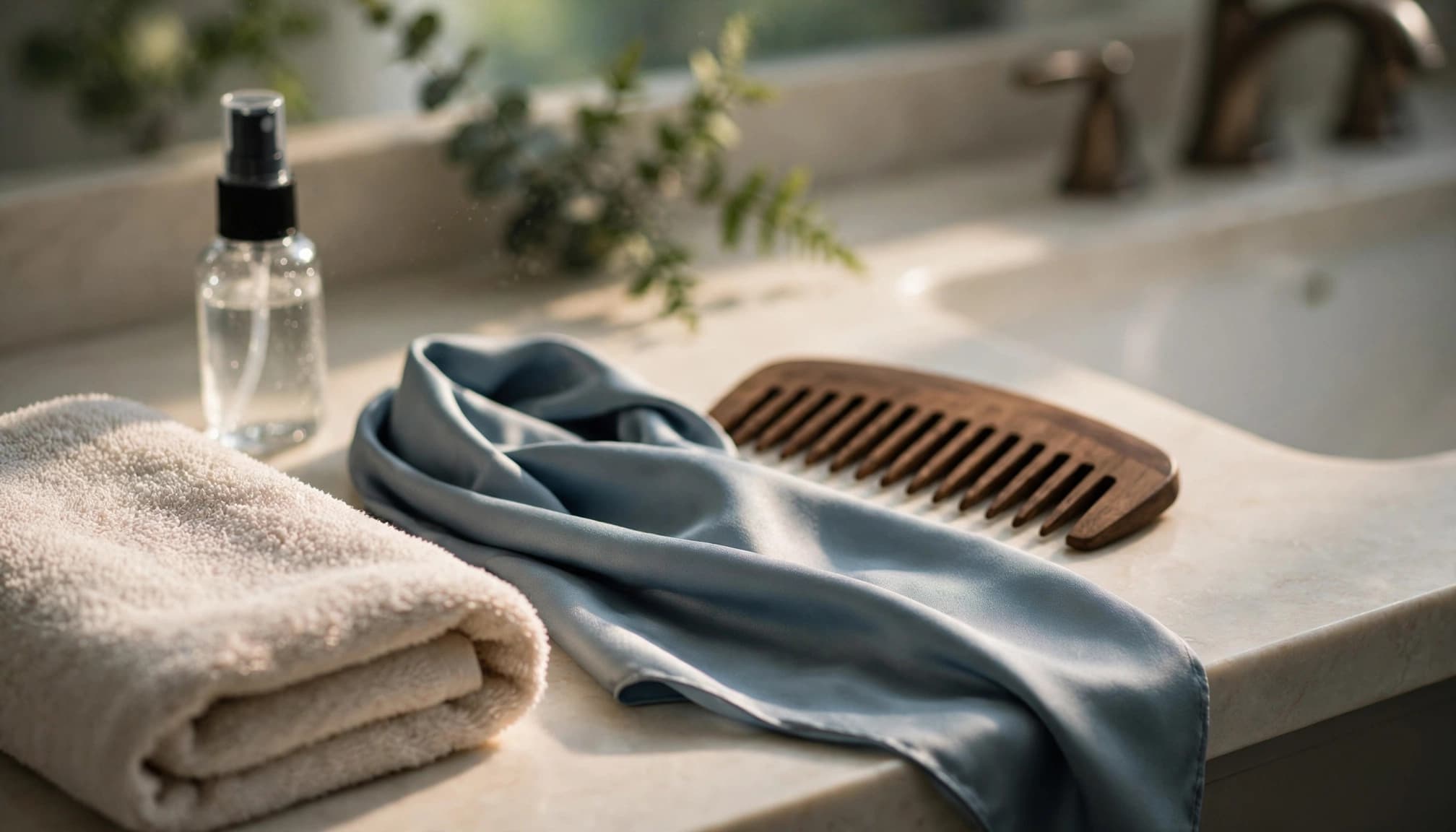 Four crochet braid care items arranged on a bathroom counter beside a sink.