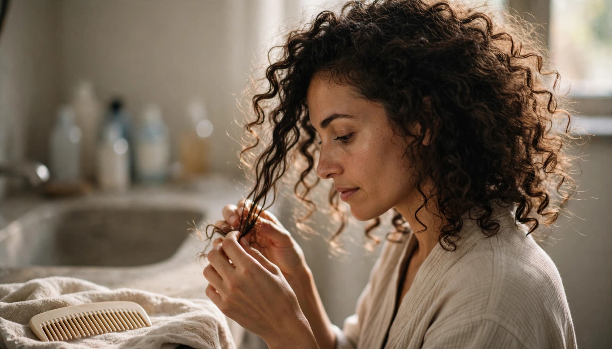A woman with curly hair gently detangling a section with her fingers in a bathroom.