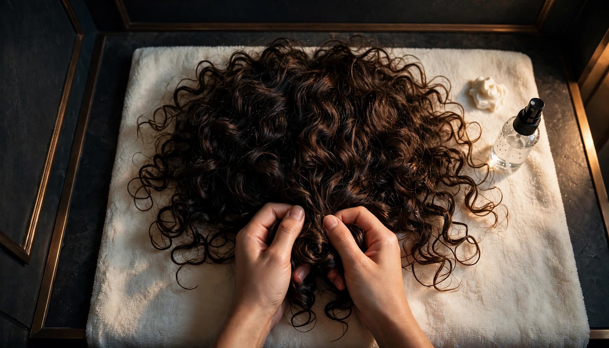 Two hands scrunch curls on a wig beside spray and curl cream.