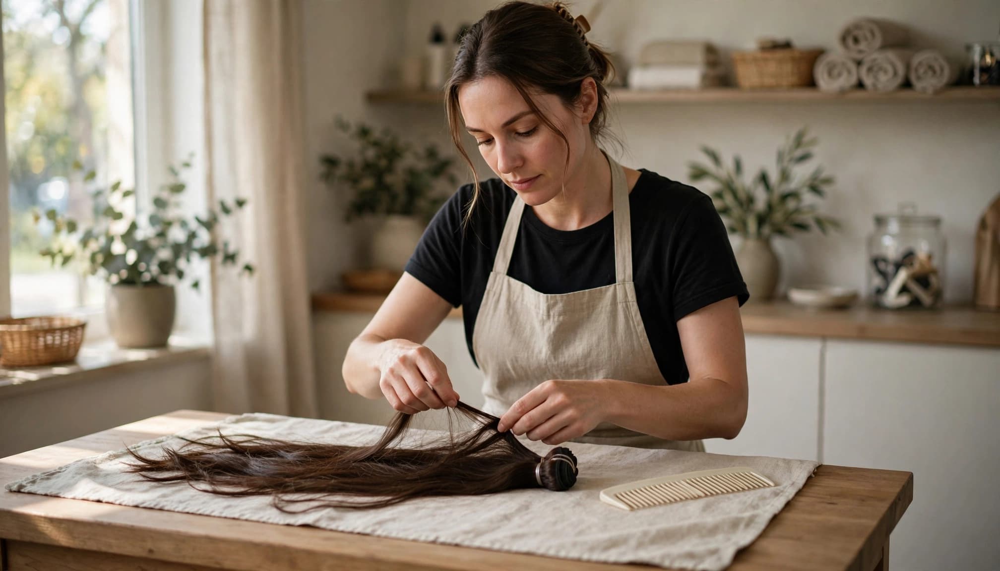 A stylist gently detangles hair extensions on a pale towel.