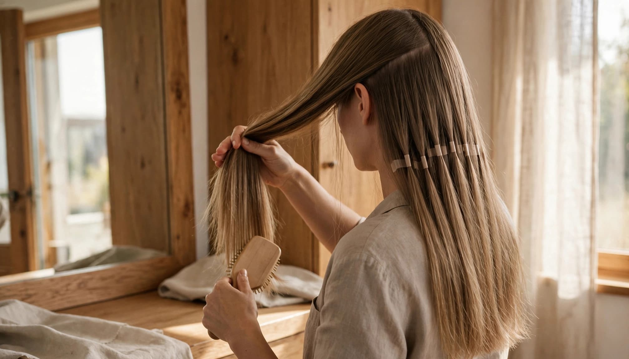 A woman supports her long hair while brushing its lower lengths.