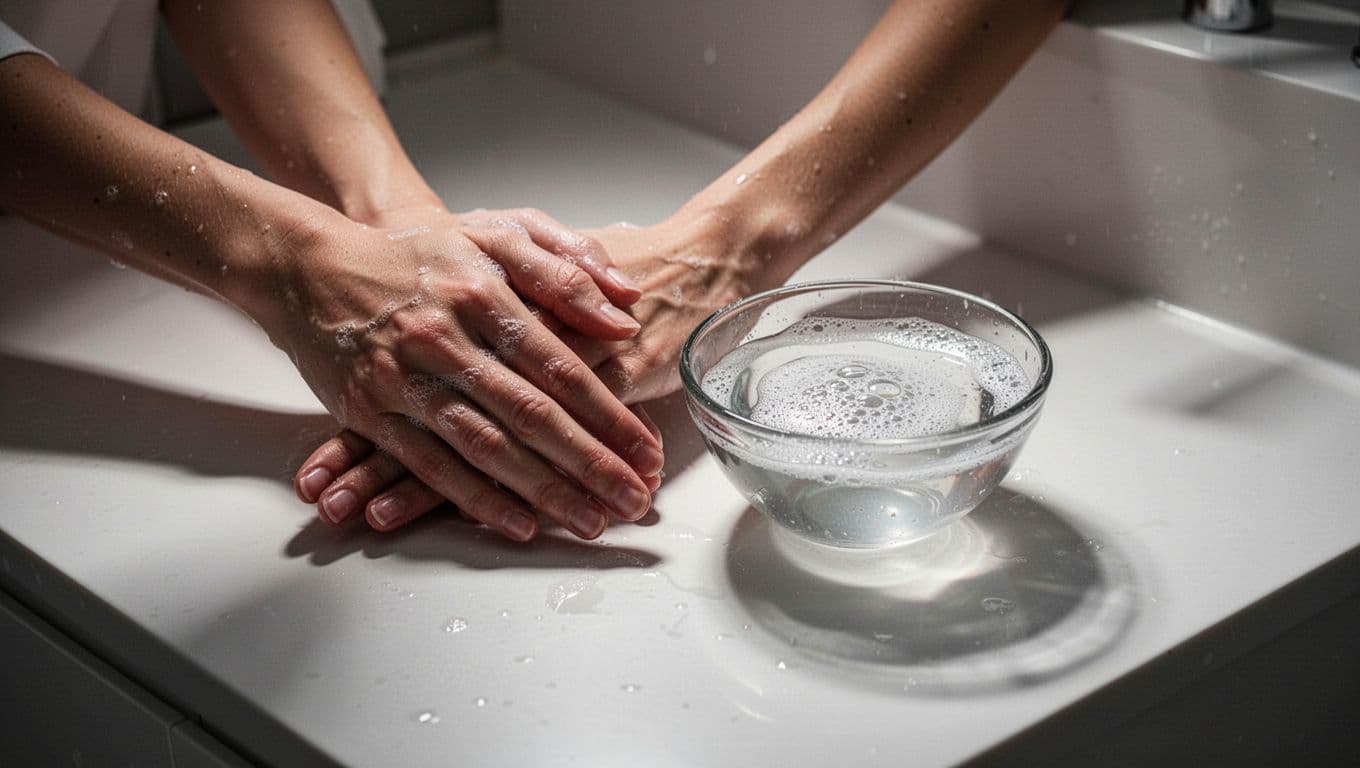 Hands rest beside a bowl of warm soapy water on a white counter.