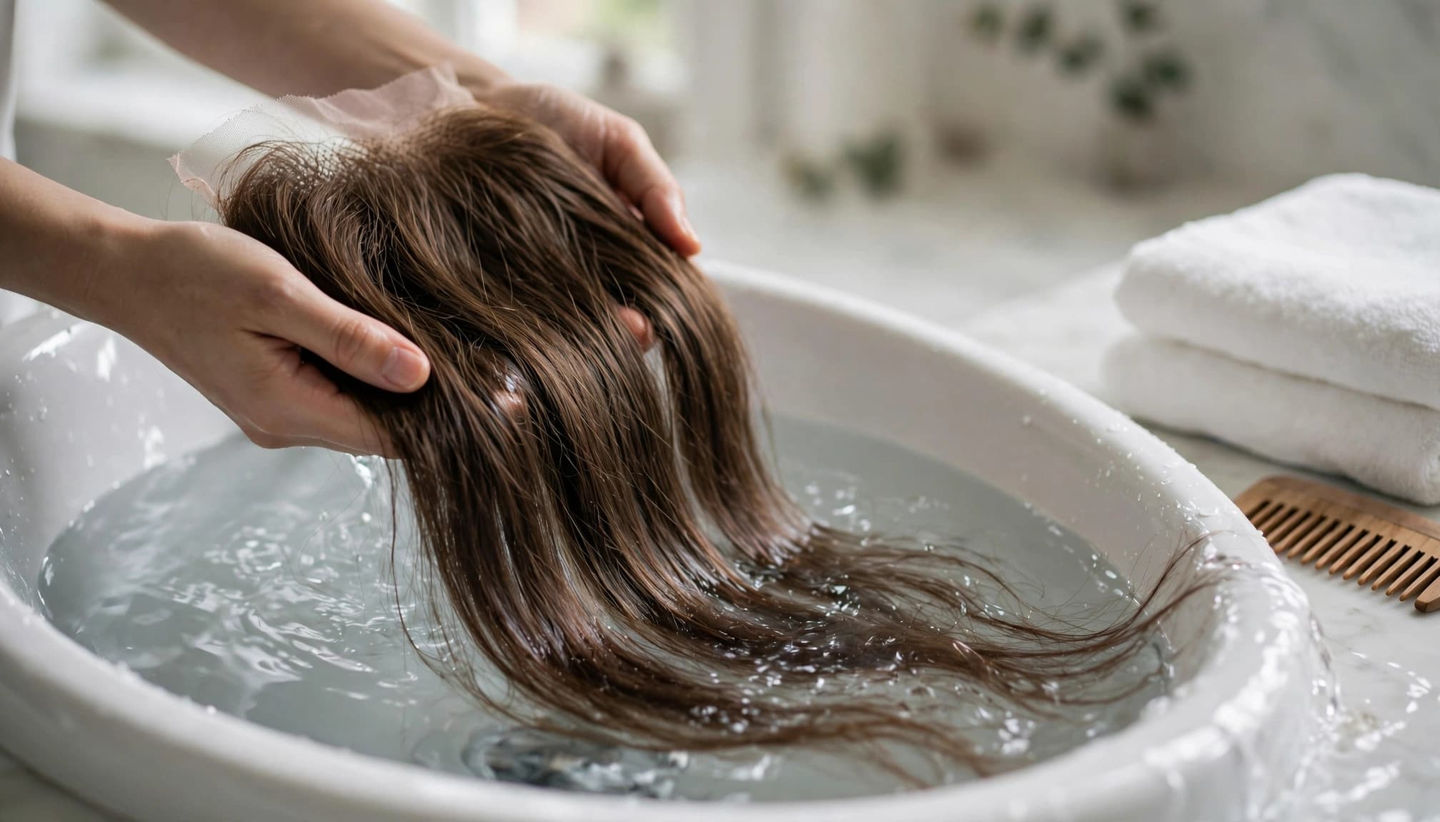 Two hands gently support a long wig as it is rinsed in a white basin.