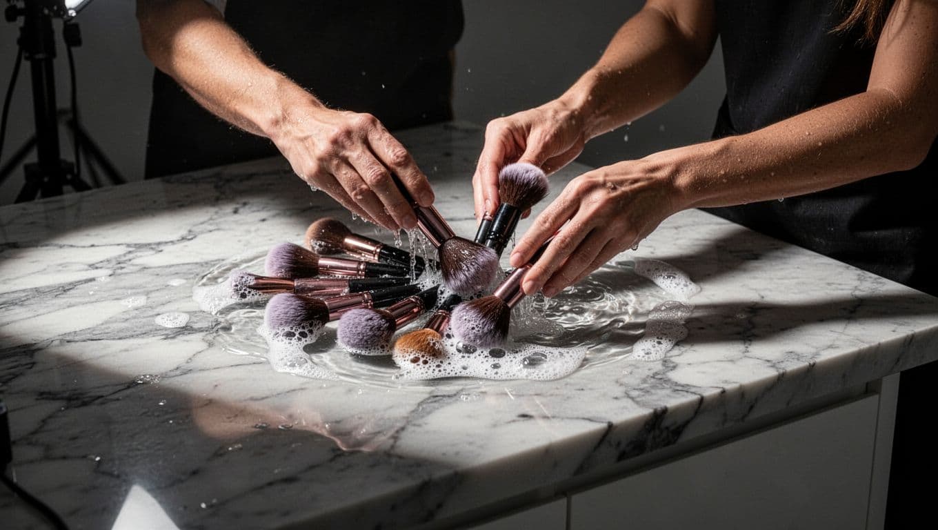 A person washes makeup brushes with soap and water on a marble counter.