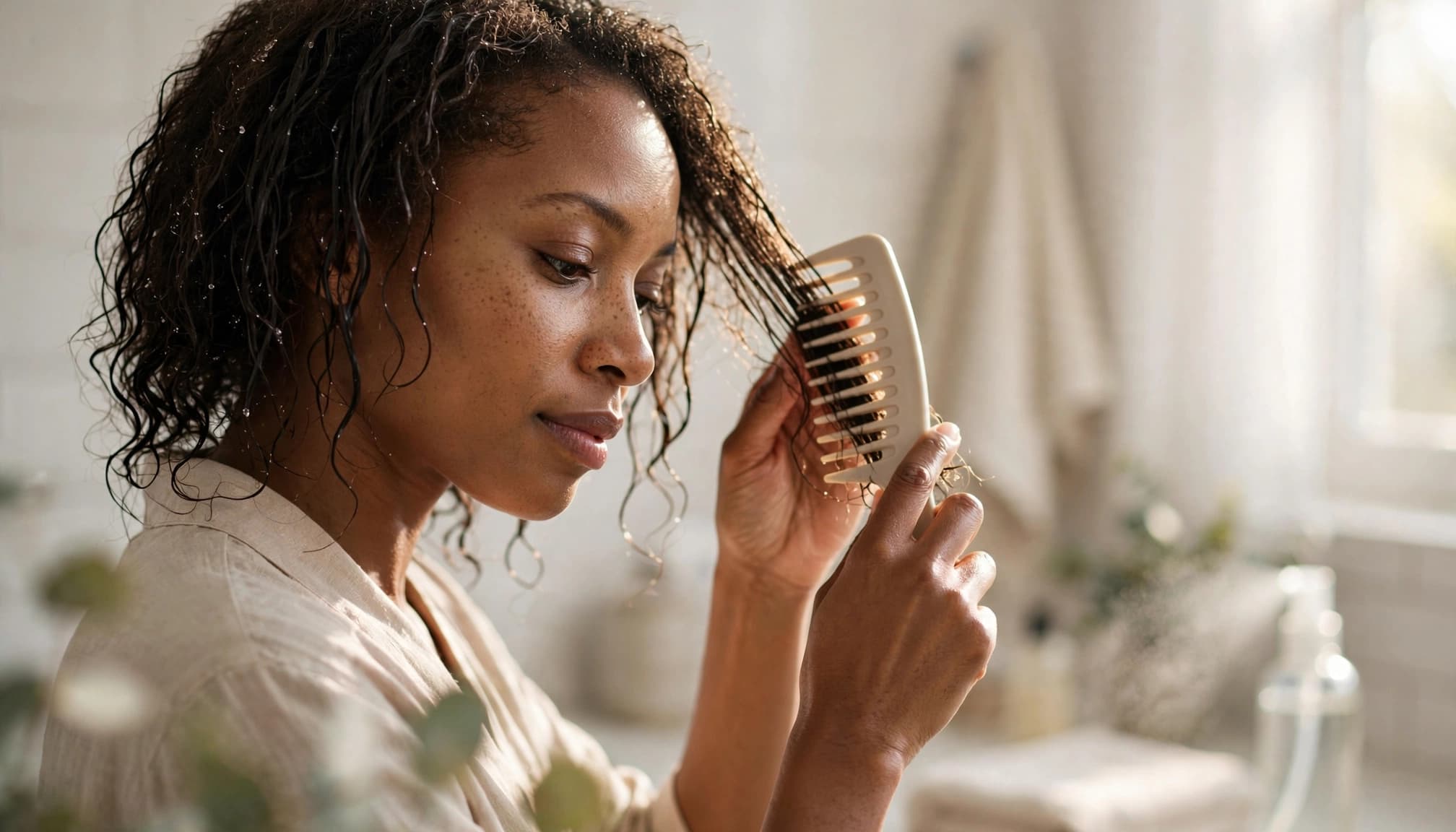 An adult gently combs a damp section of natural hair in a bright bathroom.
