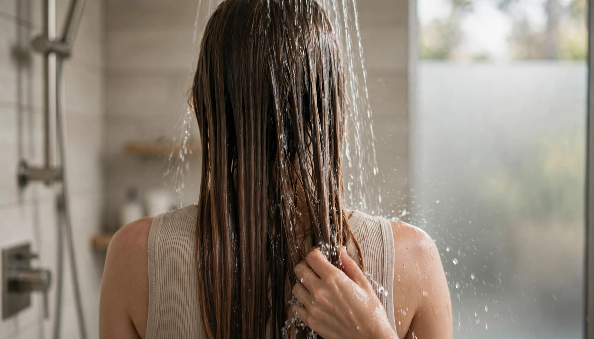 A woman rinses her long hair while guiding the lengths with one hand.