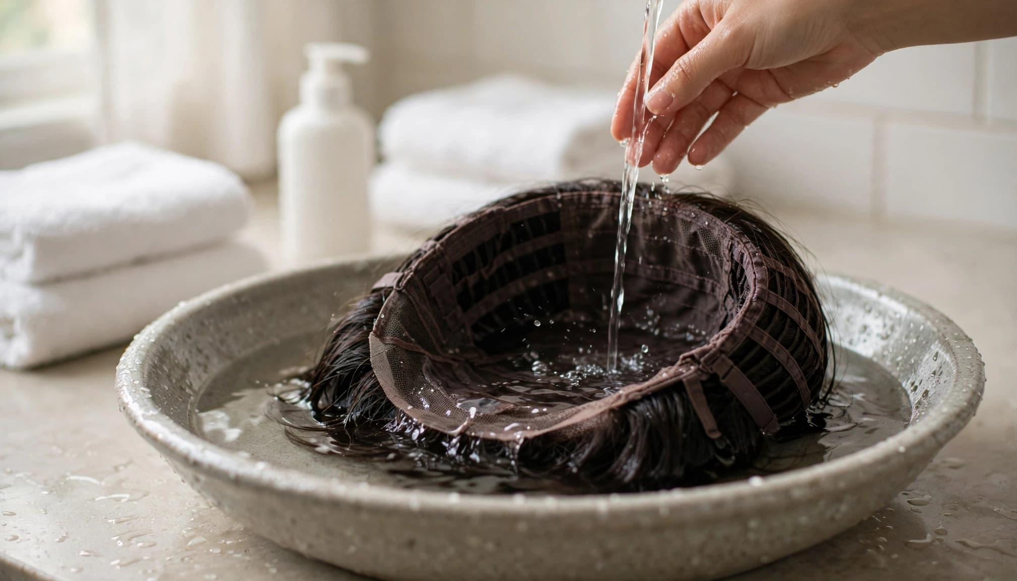 One hand gently rinses the inside of a wig supported in a ceramic basin.