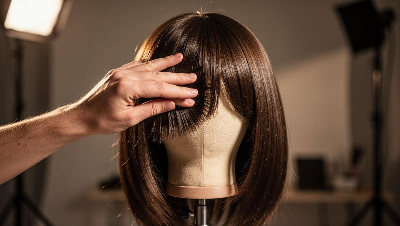 A hand gently brushes a synthetic wig resting on a stand.