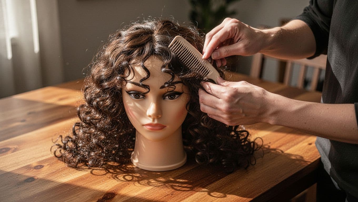 A person gently detangles a curly wig on a mannequin head with a wide-tooth comb.