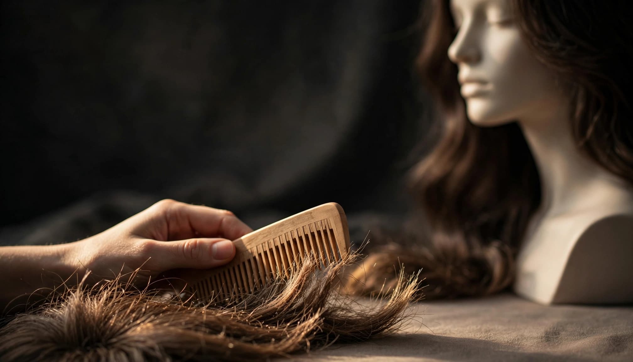 A stylist gently combs the dry ends of a mannequin's human hair wig.