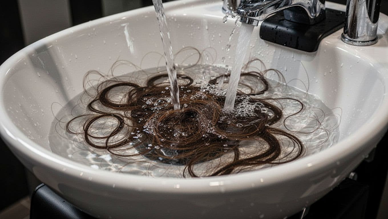 Clean hair strands rinse gently in a salon basin.