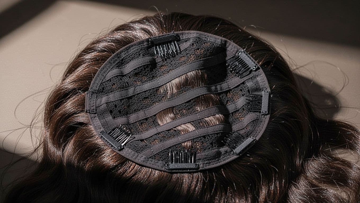 Inside a glueless wig, elastic bands and small combs line the edges.