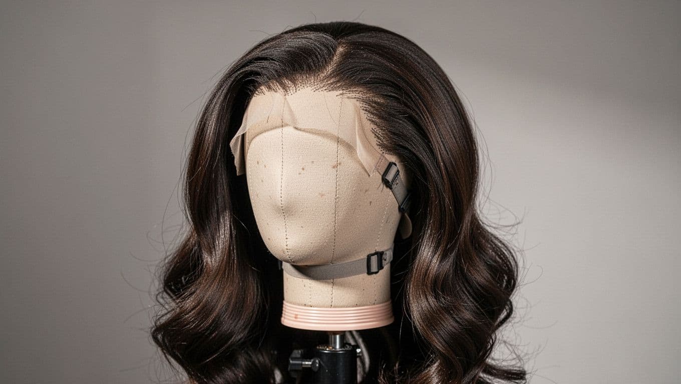 A glueless wig on a styling head with adjustable straps visible.