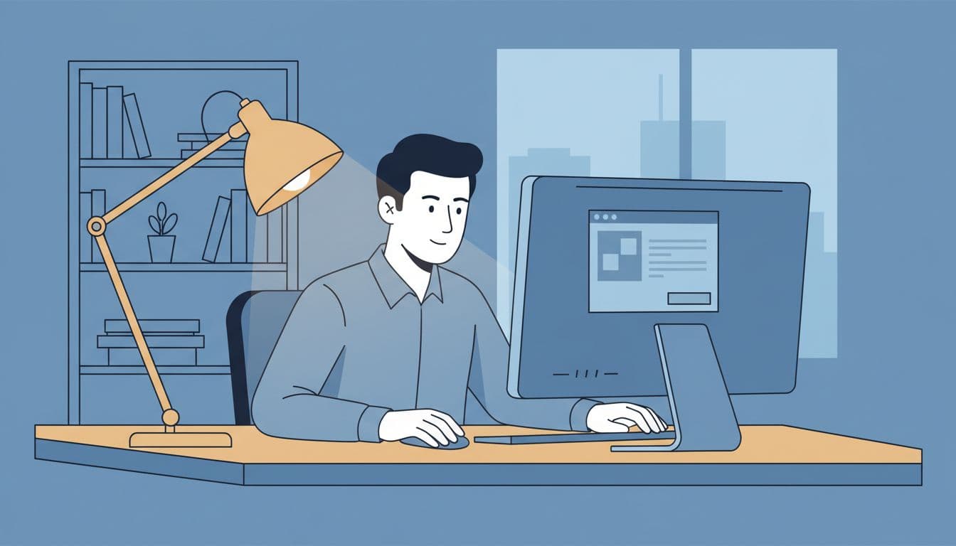 Modern illustration of a business professional in a home office configuring secure Google Doc sharing dialog on a desktop computer screen with a cool-blue palette and warm desk lamp.