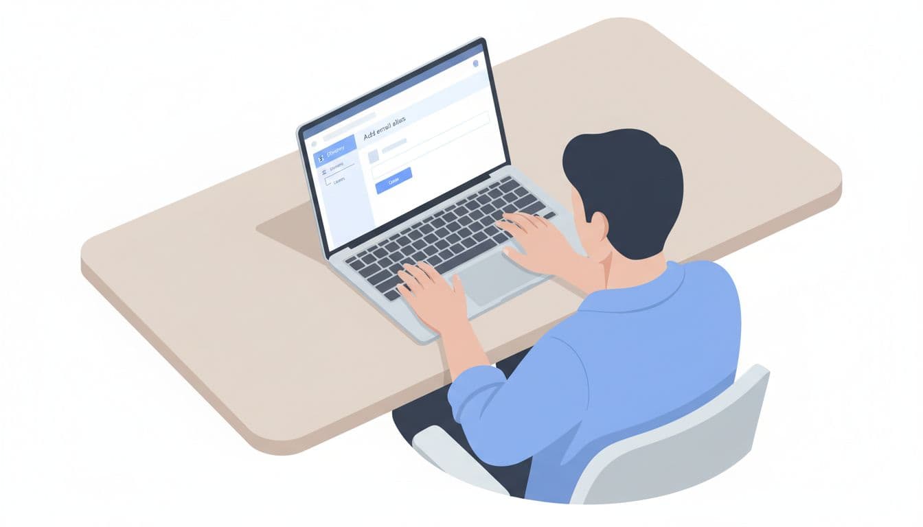 Modern illustration of an administrator seated at a clean desk with an open laptop showing the Google Workspace admin console navigation to the Directory Users section, focused on adding an email alias. Features clean shapes, soft blues, grays, and whites with strong overhead composition and relaxed hands on the laptop.