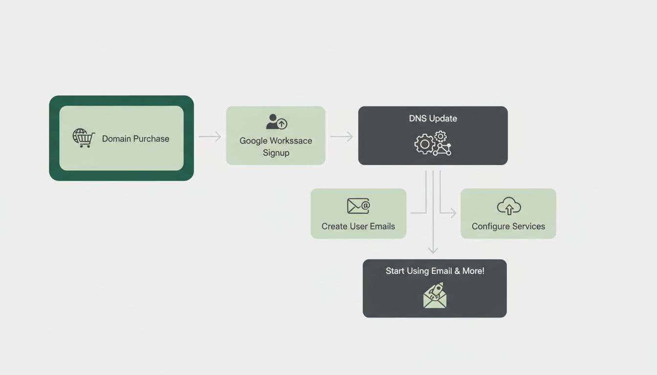 Modern illustration on a digital whiteboard showing a flowchart for Google Workspace email setup, with icons for domain purchase, signup, DNS update, and email creation, using clean lines, green-gray tones, and simple composition.