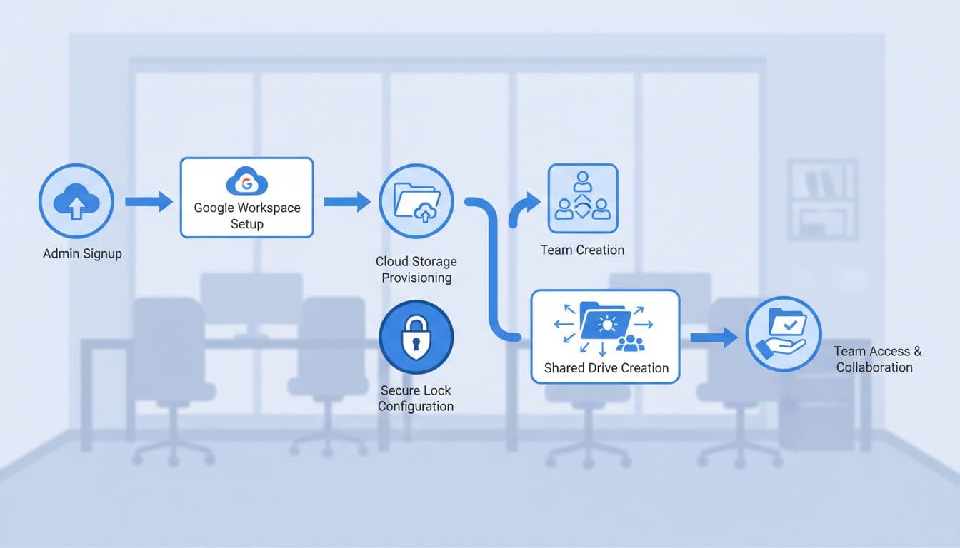 Modern flowchart diagram illustrating steps to deploy Google Workspace shared drives from admin signup to team access, using clean icons connected by arrows in blue and white palette.