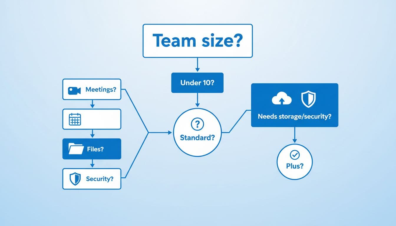 Modern illustration in clean shapes with blue and white palette showing a simple decision flowchart for small teams choosing Google Workspace plans, branching by team size, storage, and security needs.
