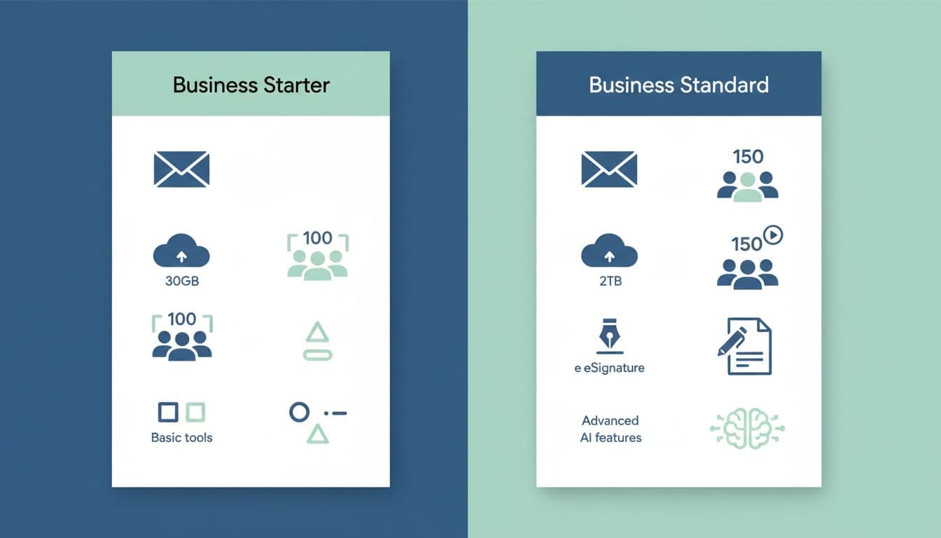 Modern illustration with clean shapes in blue and green tones featuring two side-by-side panels comparing Google Workspace Business Starter and Business Standard plans using simple icons for email, storage, meetings, recording, eSignature, and AI tools.