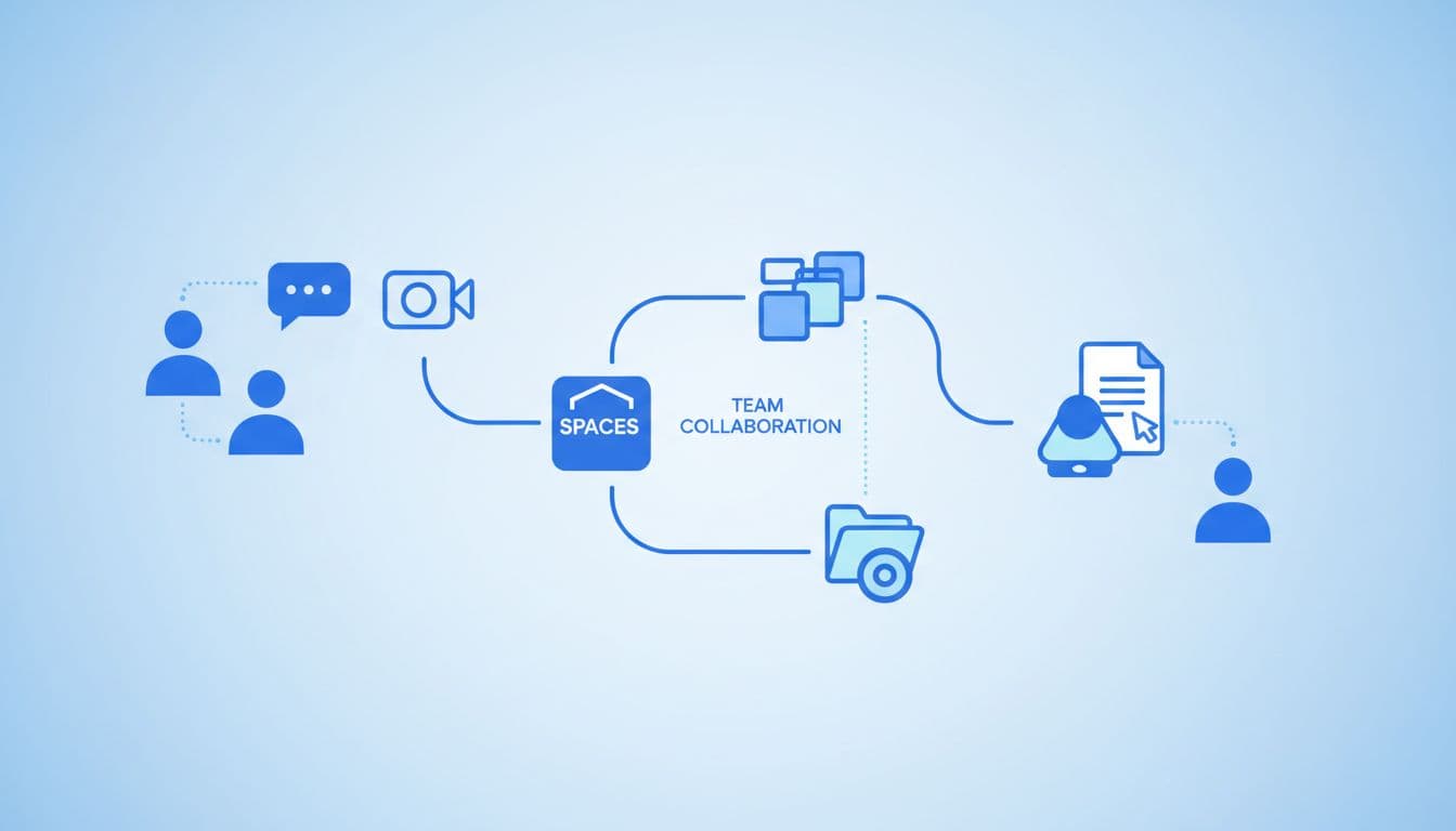 Modern illustration of icons for Google Chat, Meet, Spaces, Drive, and Docs connected in a workflow diagram depicting team interactions using simple lines, clean shapes, and a controlled blue-toned palette with soft even lighting.