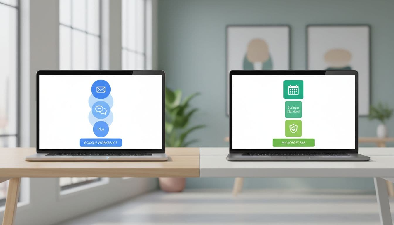 Modern side-by-side illustration comparing Google Workspace and Microsoft 365 pricing tiers for small businesses, shown on open laptops atop office desks with visual icon stacks, neutral background, blue-green palette.