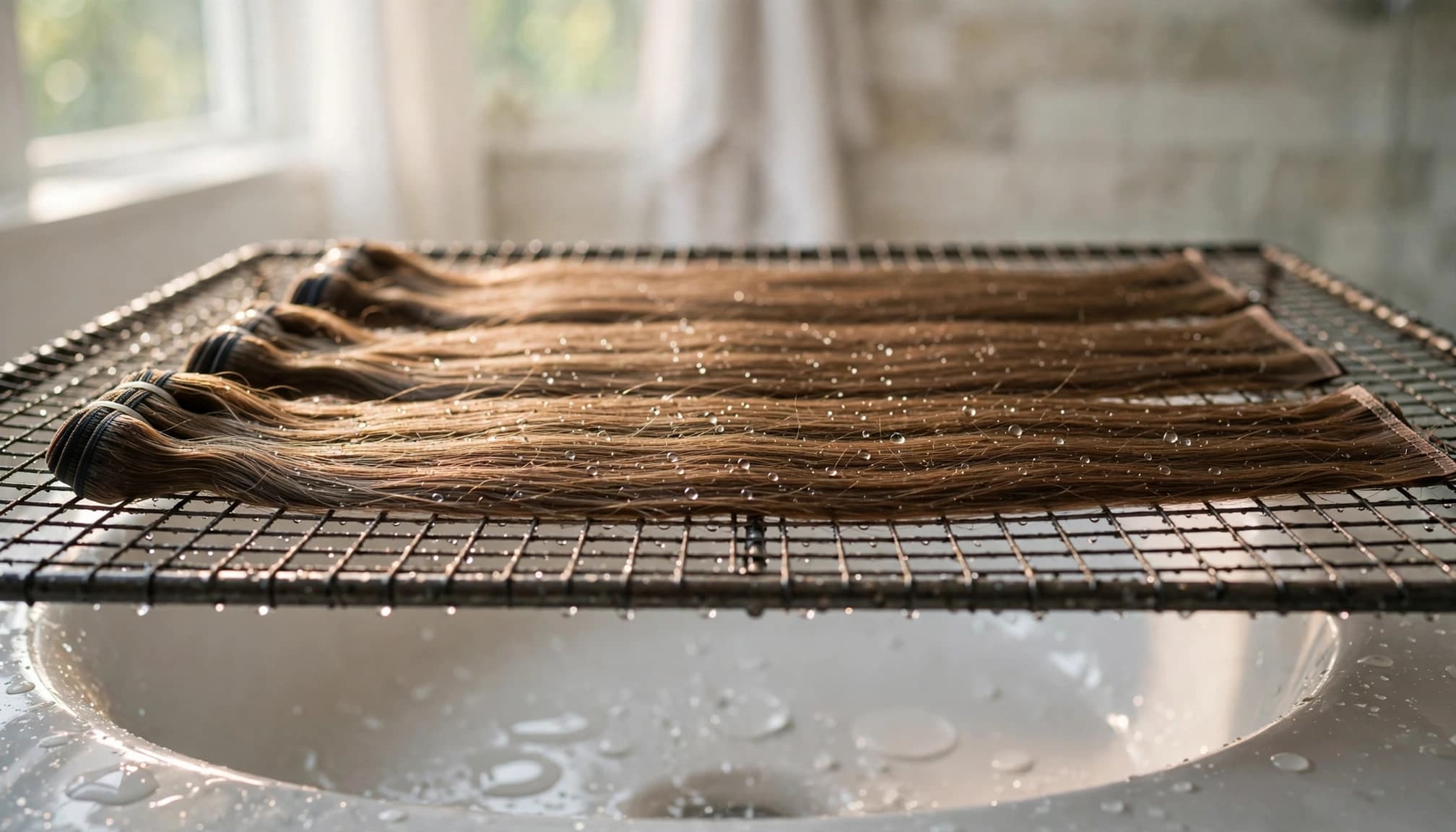 Hair extension bundles dry flat on a mesh rack above a white basin.