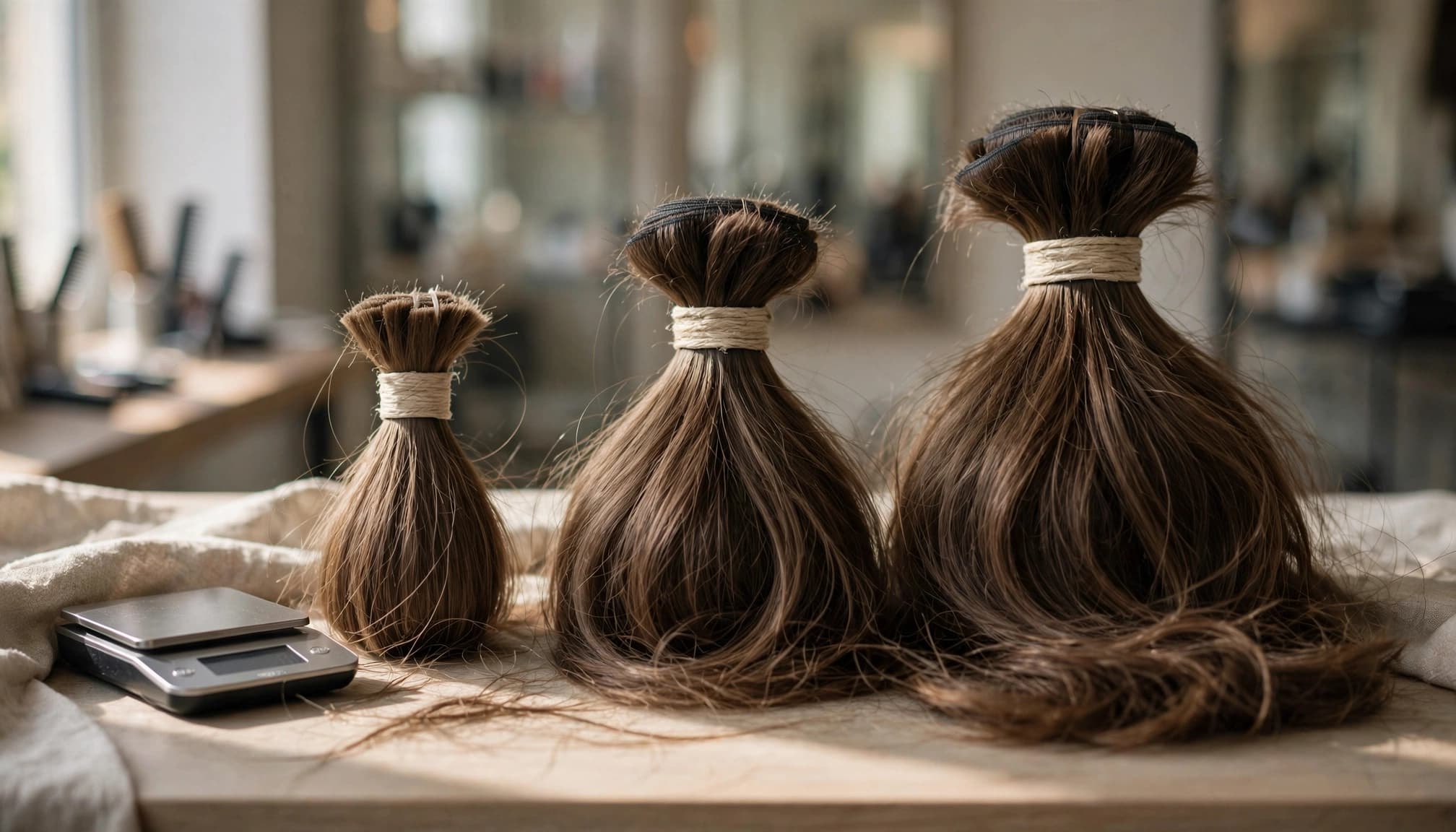 Three hair bundles sit beside a small salon scale.