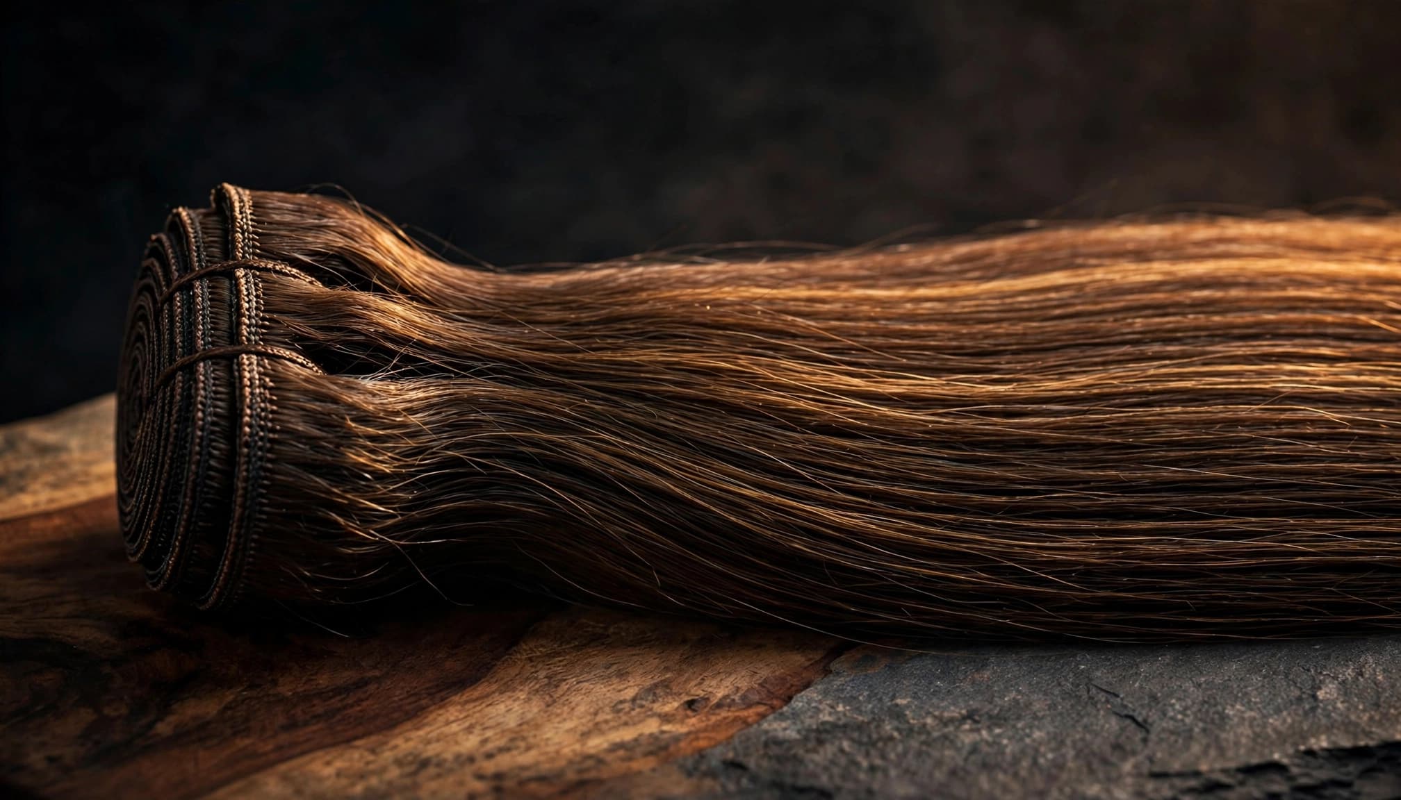 Close-up of aligned hair extensions with a visible weft and natural texture.