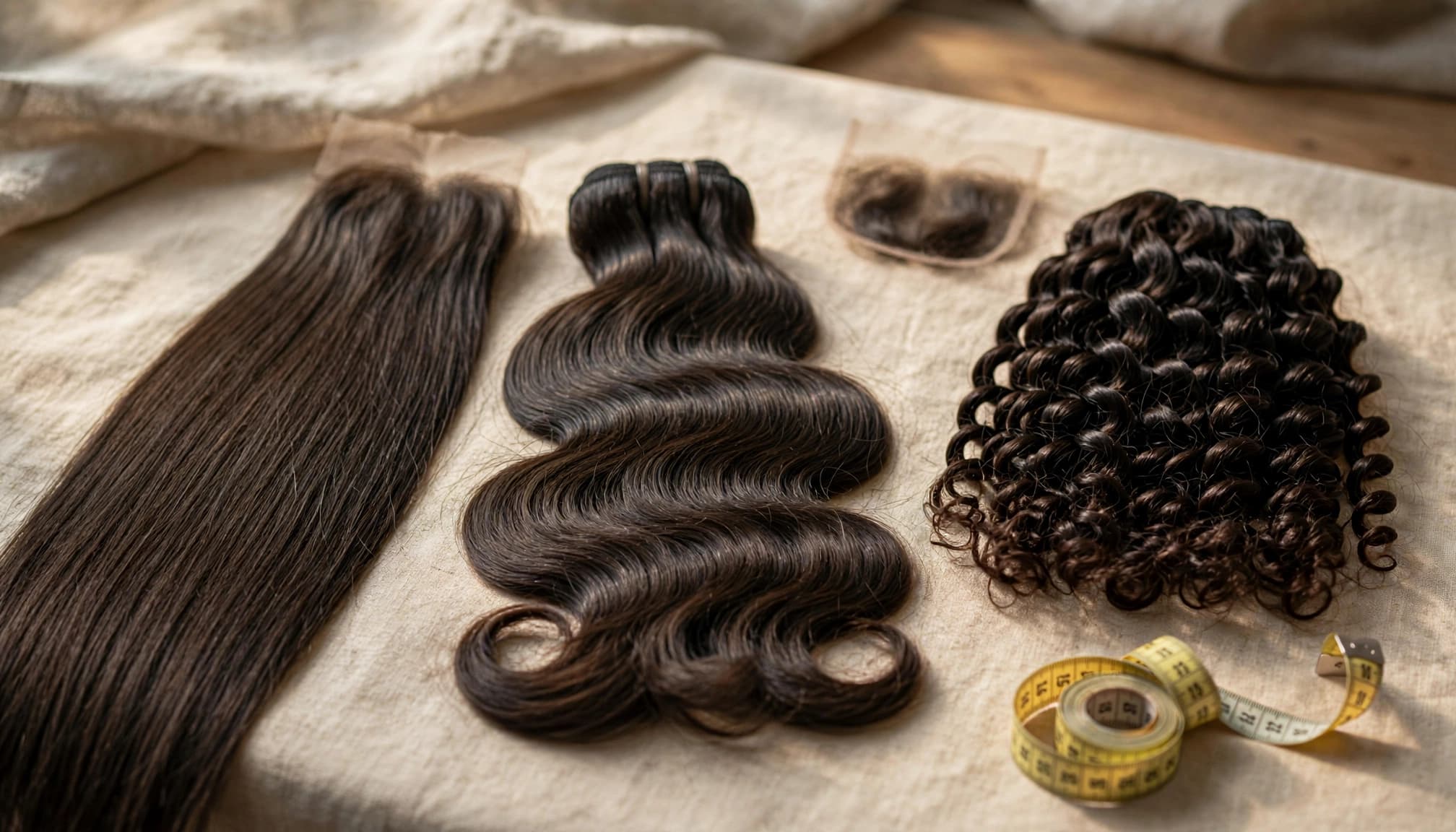 Hair extension bundles in straight, wavy, and curly textures with a measuring tape on a table.