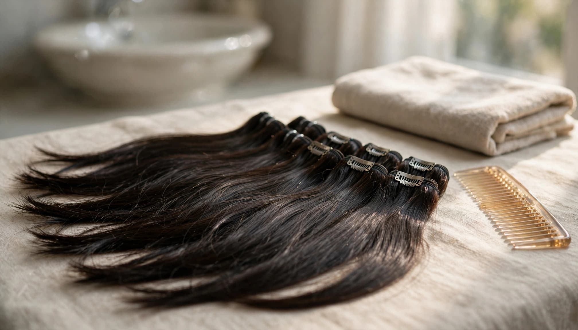 Dark hair extension wefts lie beside a wide-tooth comb on a bathroom vanity.