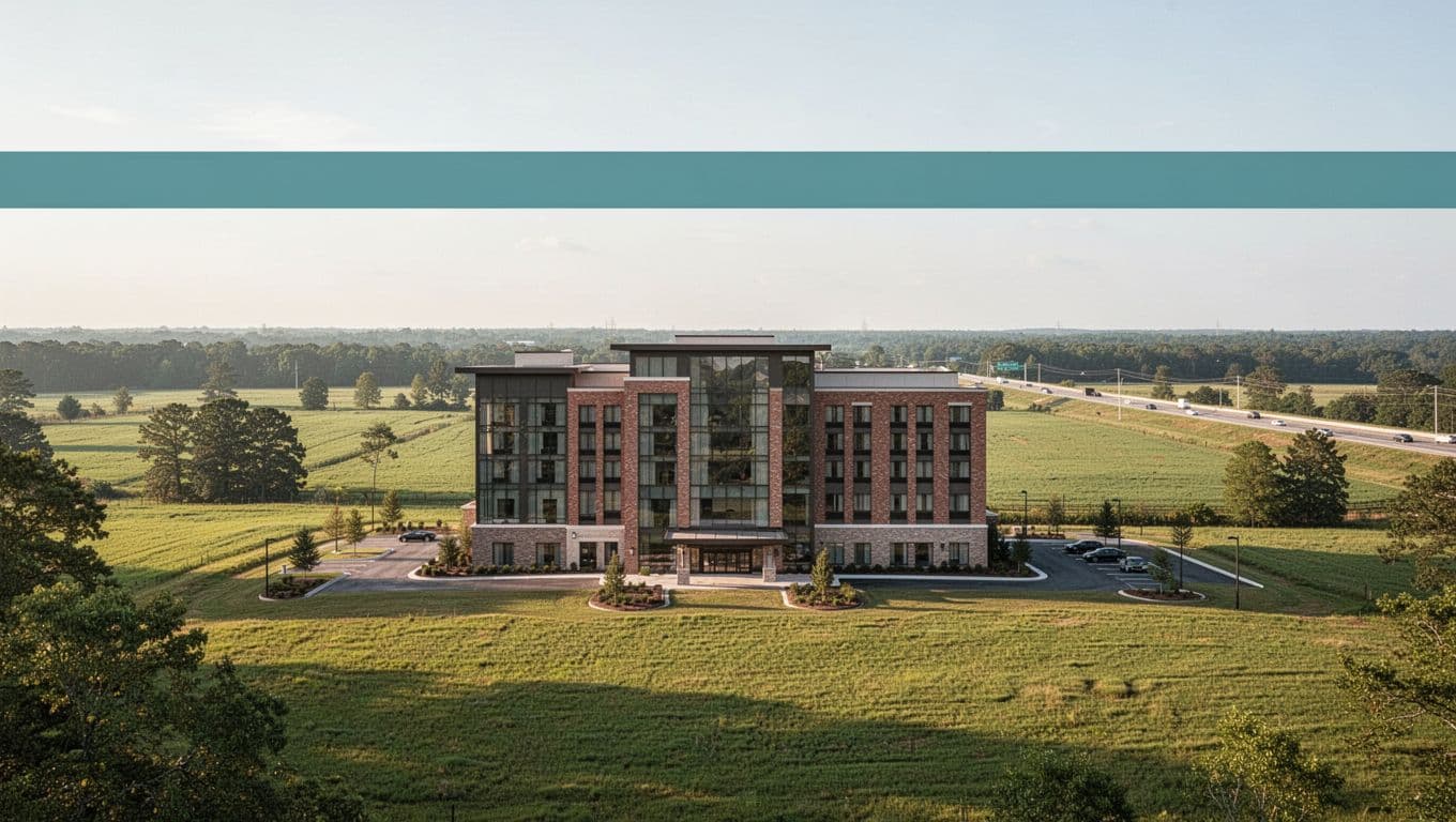 Modern hotel exterior in sunny rural Alabama with green fields and distant highway, topped with branded 'Harvest Hotels' green band.