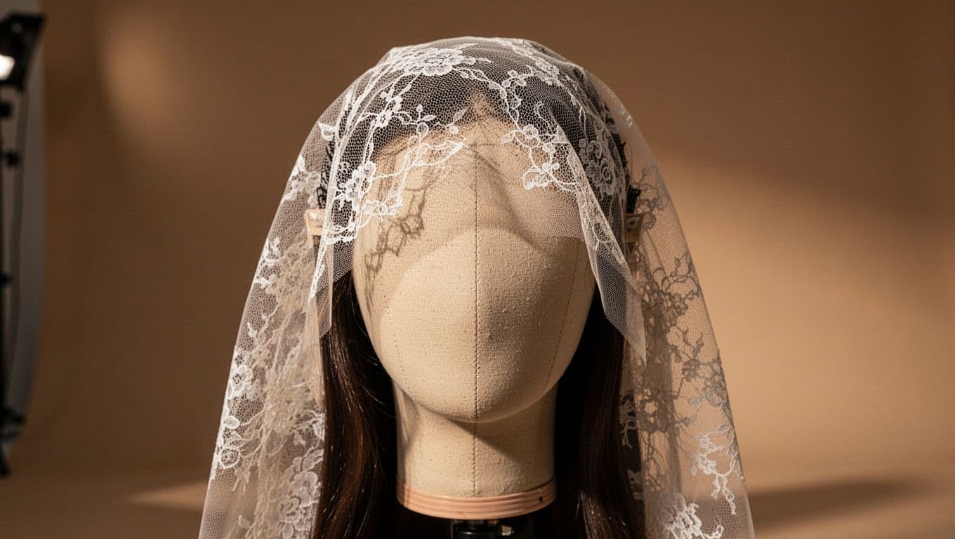 Close-up of fine HD lace wig mesh draped over a mannequin head.
