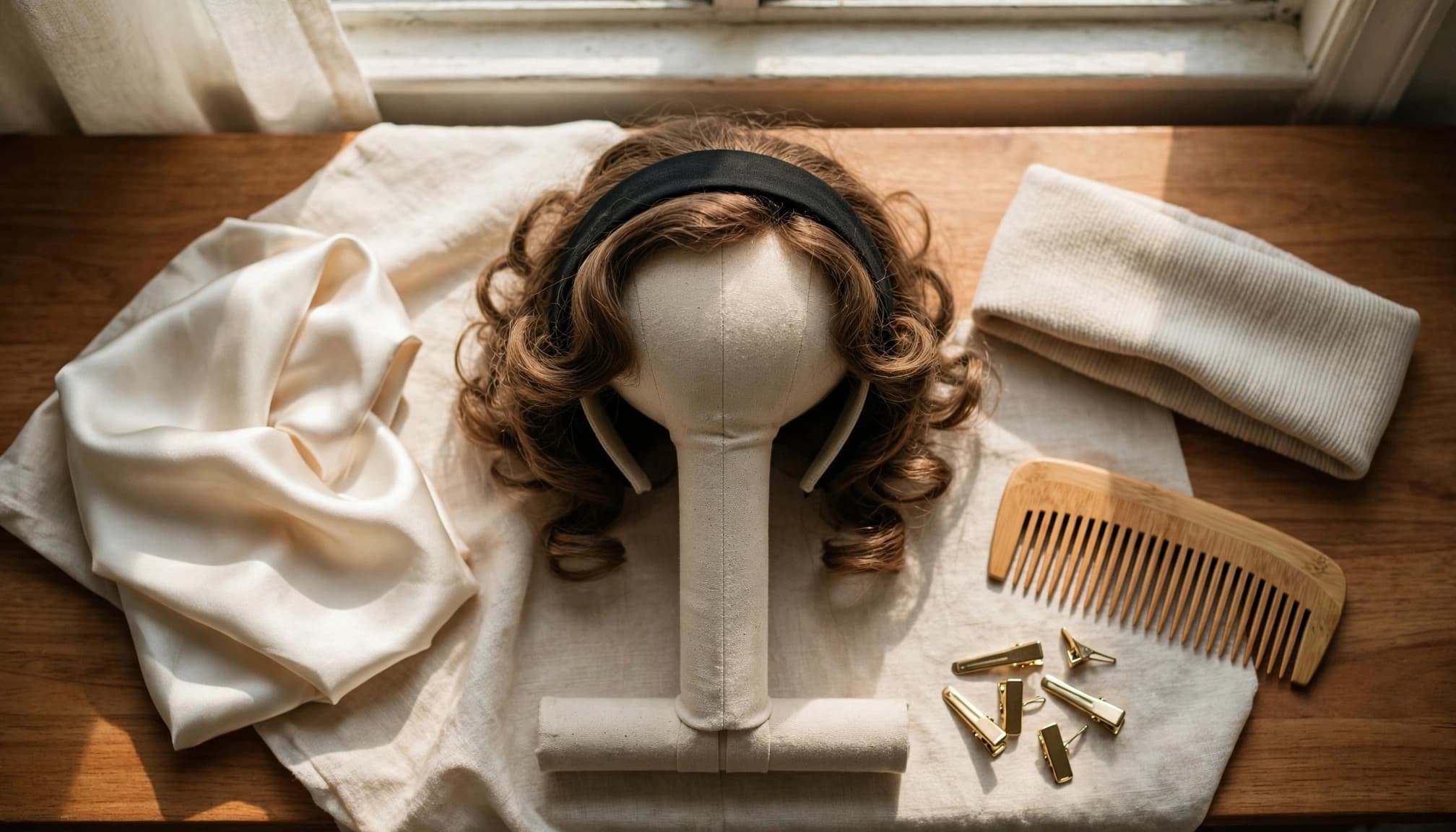 A curled wig on a canvas stand with a scarf, headband, comb, and clips nearby.