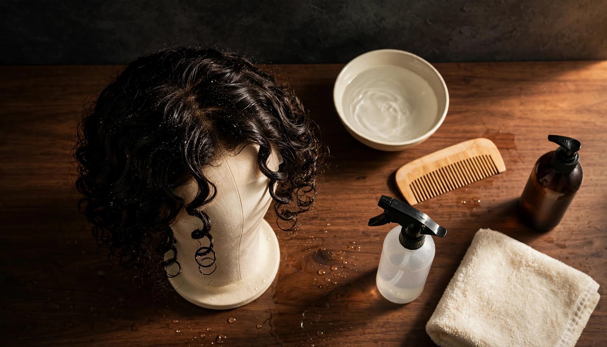 A curly wig dries beside water, a comb, towel, spray bottle, and heat protectant.