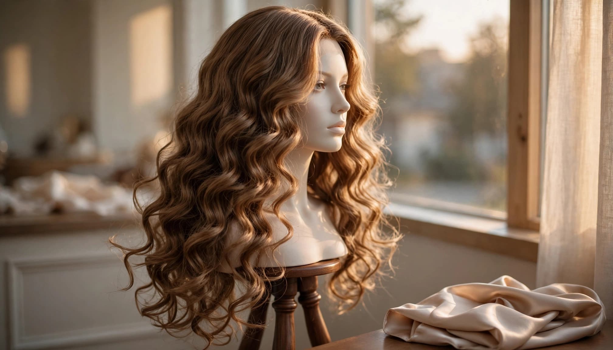 A curled human-hair wig displayed on a mannequin beside a folded satin scarf.