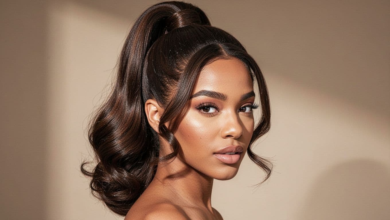 Person wearing a sleek high ponytail wig under dramatic side lighting.