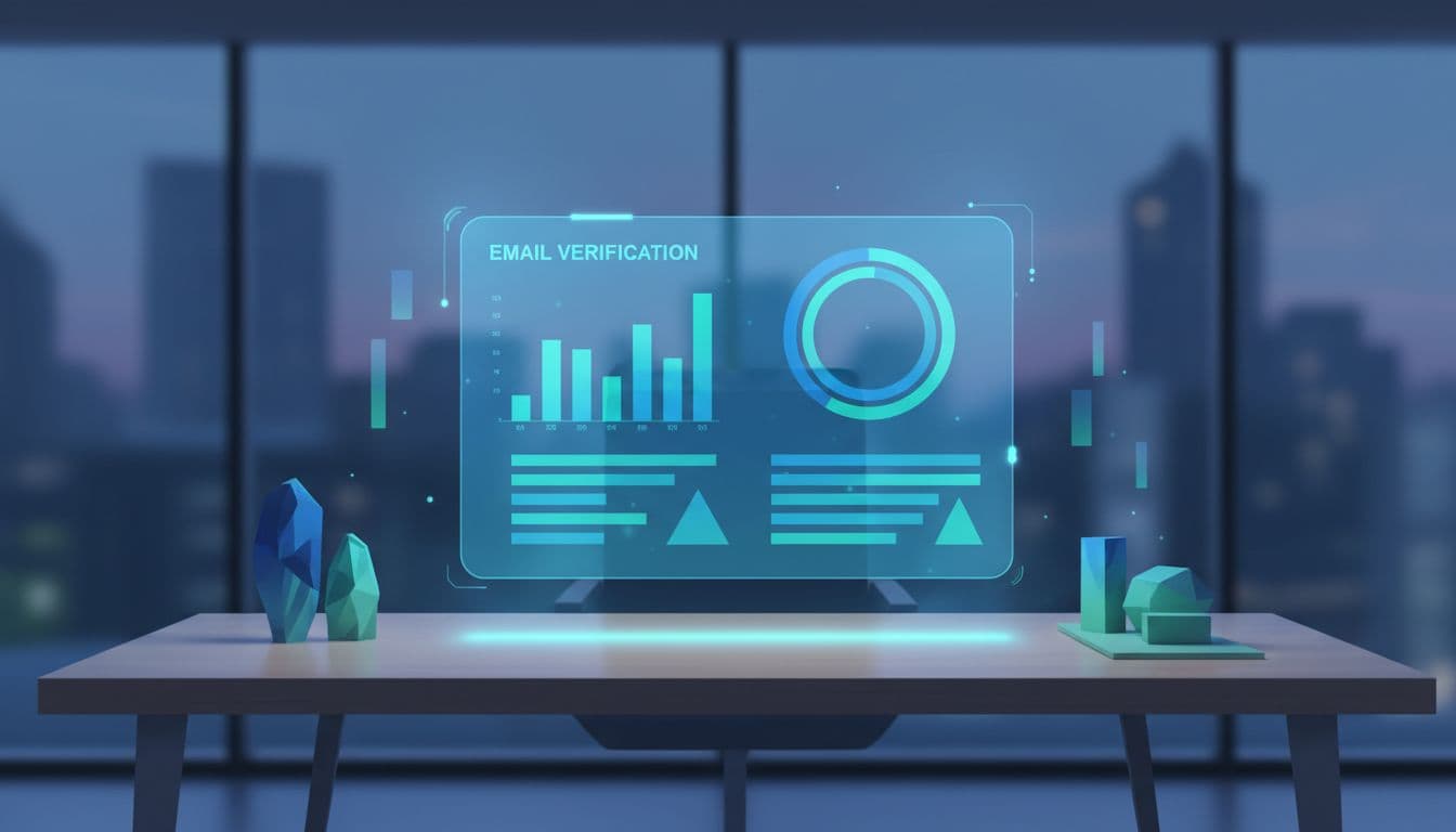 Modern illustration in clean shapes and blue-green tones depicting an overview dashboard of email verification results for a domain, with implied charts and lists in a floating holographic style above a desk, soft glow lighting, and balanced composition.