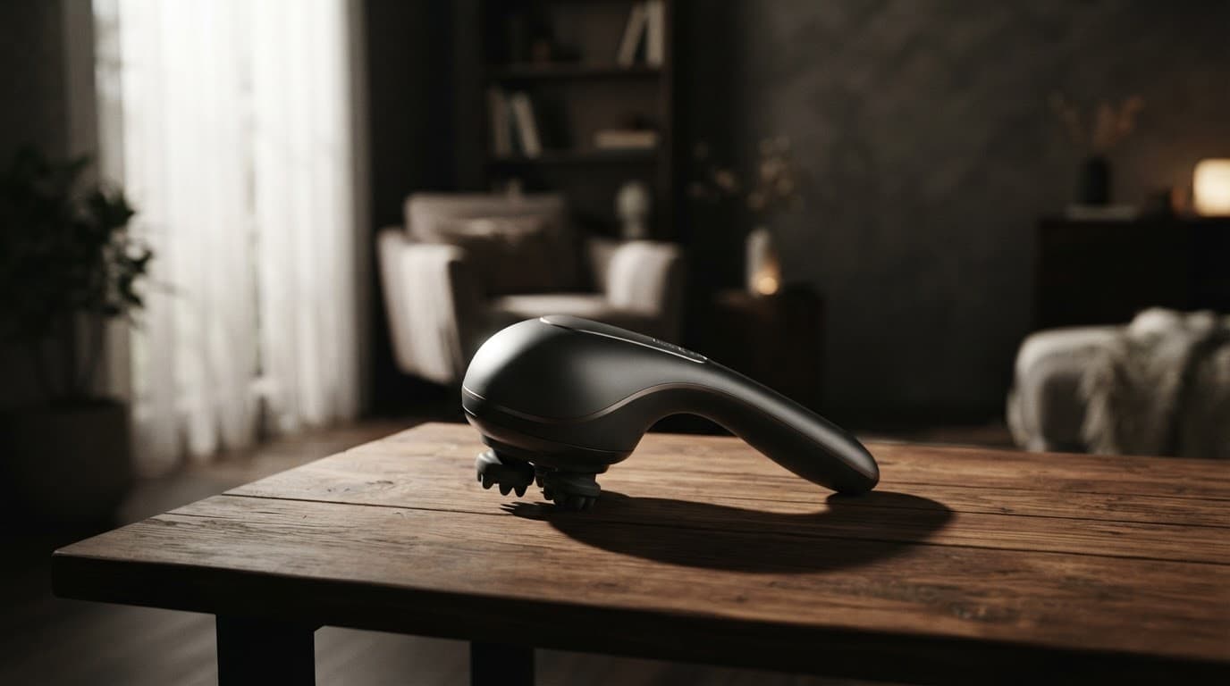 A sleek massage device sits on a wooden table in a softly lit modern room.