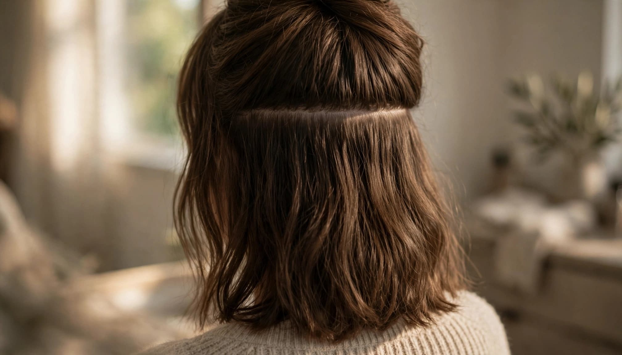 A woman viewed from behind with a clean horizontal section in her brown hair.
