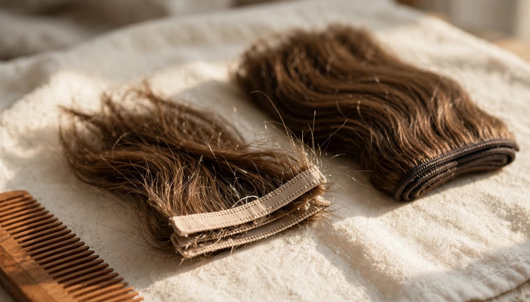 Two hair extension bundles on a cream towel beside a wooden comb.
