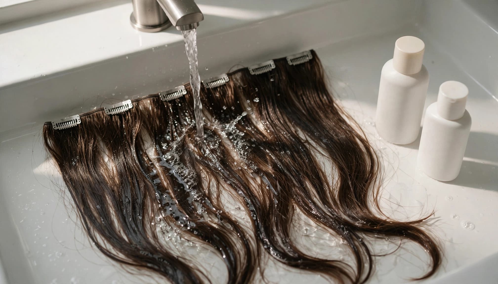 Water rinses a flat set of hair extensions over a clean basin.