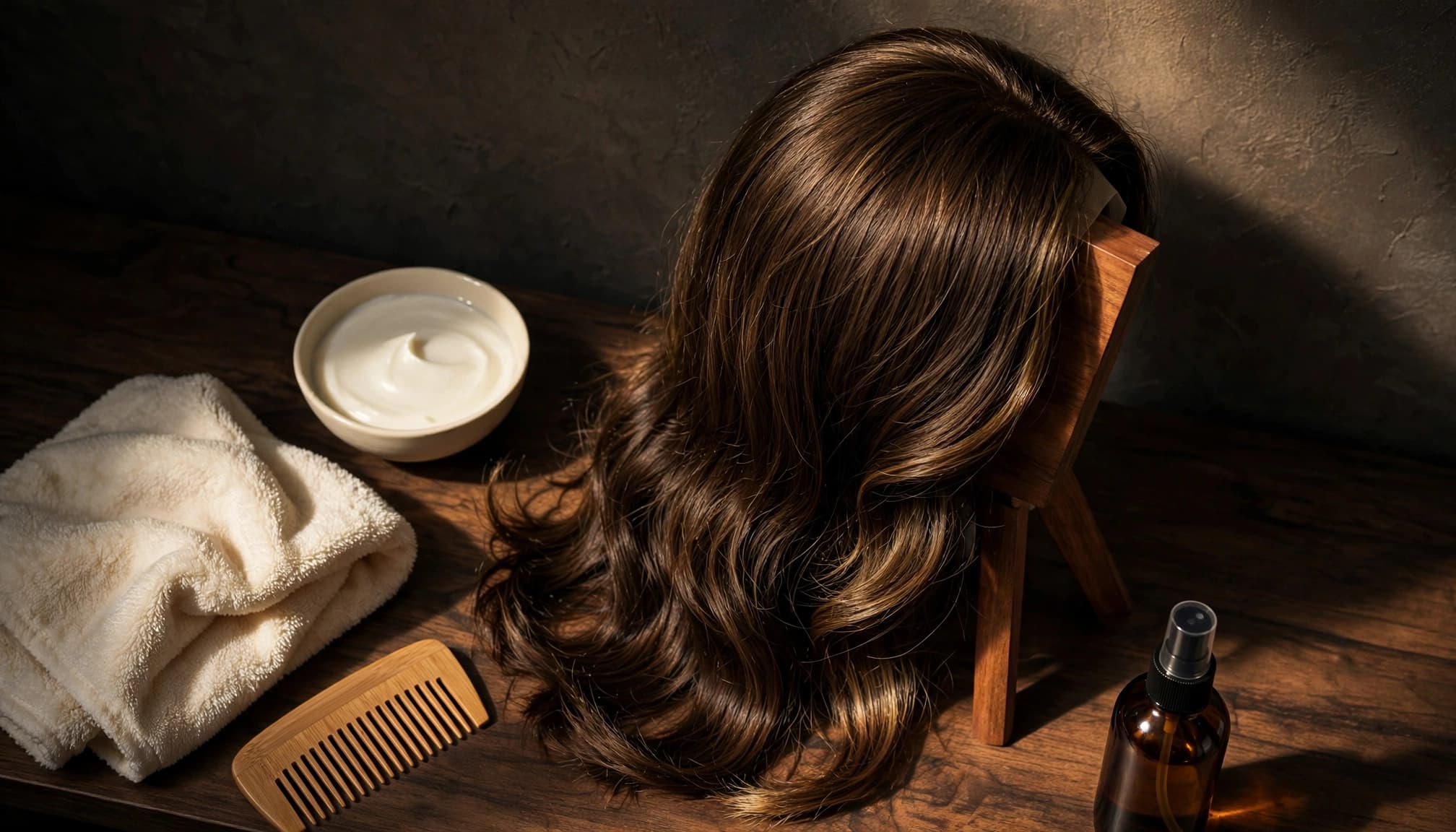 Human hair wig on a stand with conditioner, spray bottle, towel, and comb.