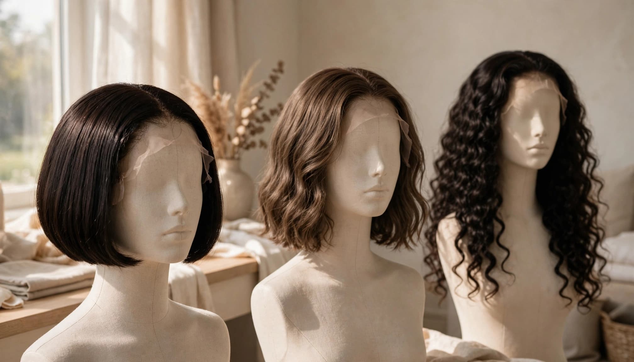 Three mannequin heads display a bob, a wavy wig, and long curls in a bright dressing room.