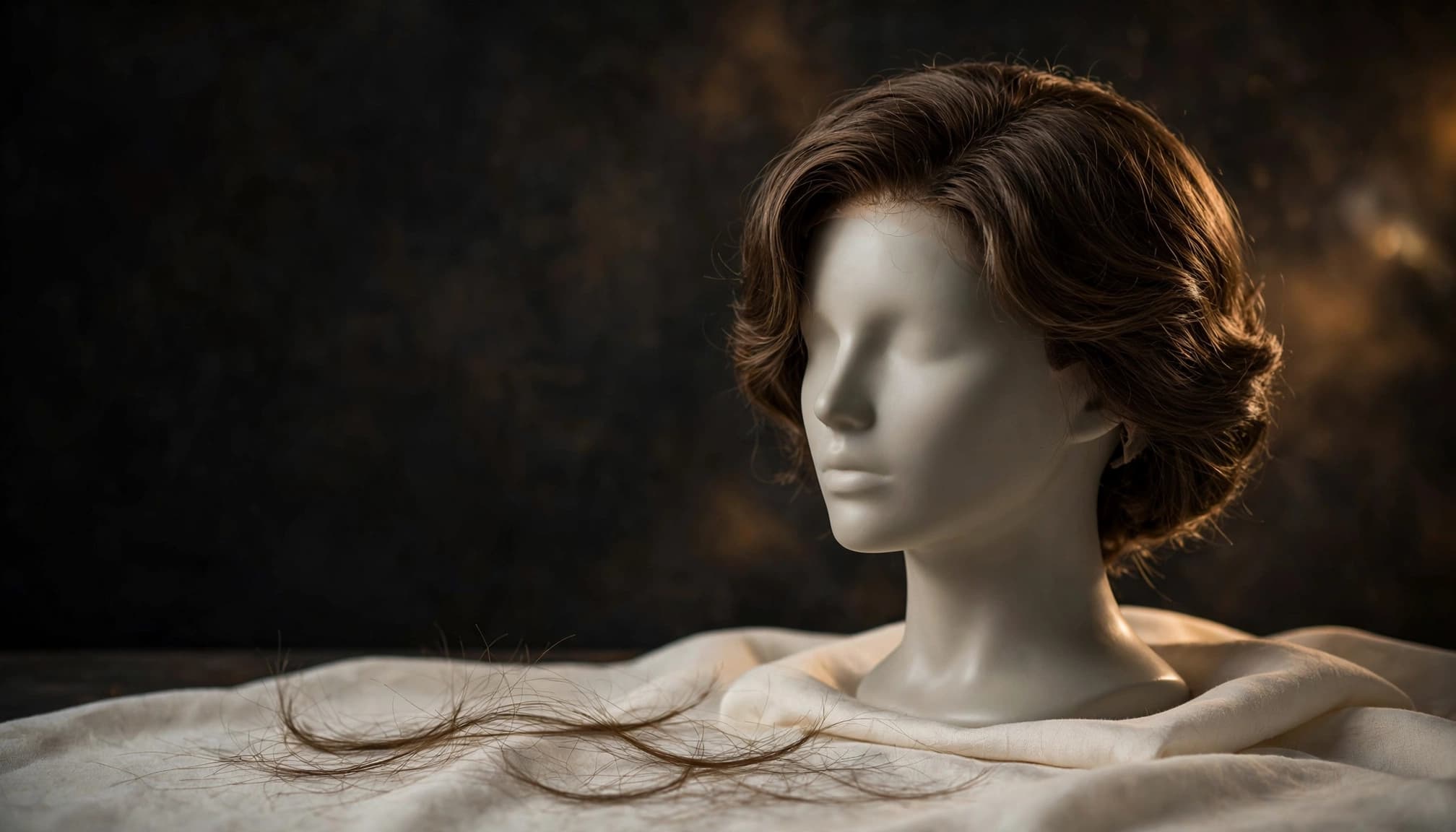 Human-hair wig on a mannequin head with loose strands on ivory cloth.